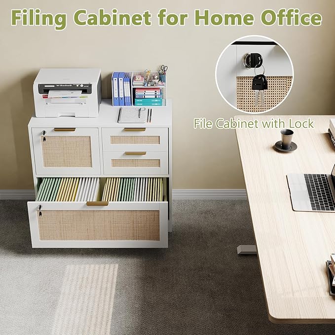 HOPUBUY Lockable 4 Drawers File Cabinet, Lateral Filing Cabinet with Printer Stand for Home Office and School, Wood Rattan File Cabinet for Hanging Files/Letter/Legal/A4/F4 Size, Oak Color (White)