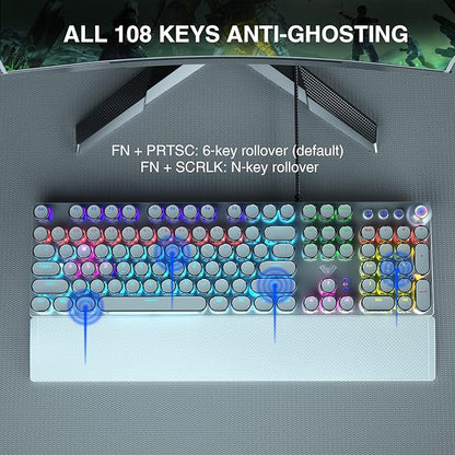 AULA F2088 Typewriter Style Mechanical Gaming Keyboard,Rainbow LED Backlit,Removable Wrist Rest,Media Control Knob,Retro Punk Round Keycaps,USB Wired Computer Keyboard,White