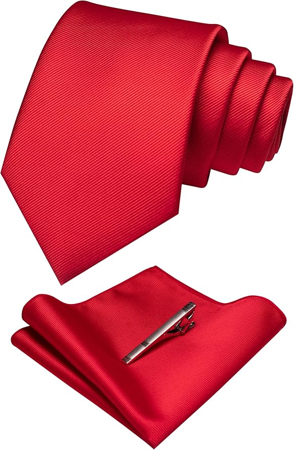 JEMYGINS Solid Color Formal Necktie and Pocket Square Tie Clip Sets for Men