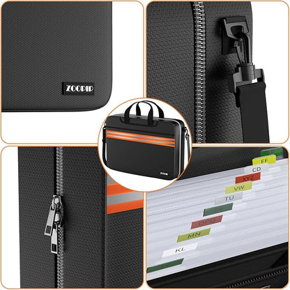 Accordion File Organizer with Lock,Fireproof Document Organizer Bag with Shoulder Strap,Large 13 Pocket Expanding File Folder,Portable Safe Storage for Letter/Legal Files,Books, Laptop-Black