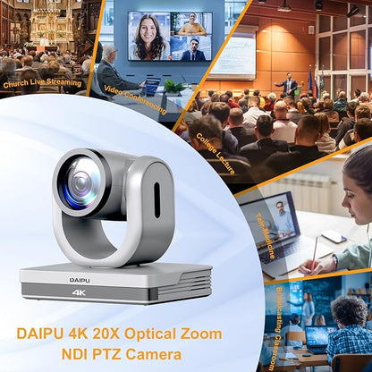 NDI PTZ Camera 4K, 20X Optical Zoom, HDMI USB3.0 SDI LAN PoE, NDI HX2 Certified, 1/2.8" 8.51-MP CMOS Sensor, AI Auto Tracking, 255 Presets, for Church Worship Live Streaming Conference Room
