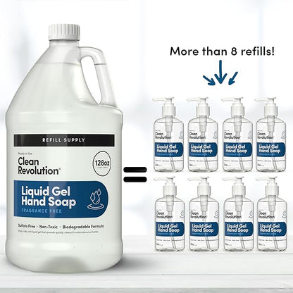 Clean Revolution Liquid Gel Hand Soap, Silky Rich Liquid, Quick Lather, Fast Rinsing, (Fragrance Free) 128 Fl Oz