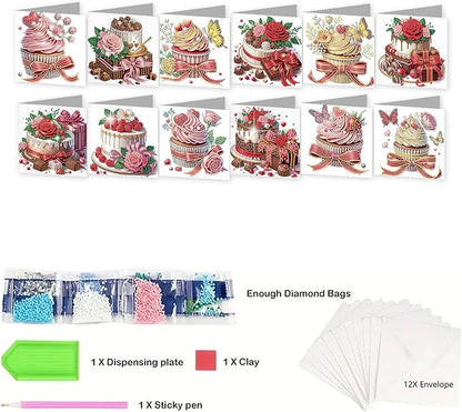 jinglinhh 12pcs Valentine's Day Diamond Art Painting Cupcake Rose Flower Butterfly Greeting Cards with Envelopes, DIY Card Making Kits for Adults, Diamond Art Birthday Holiday Cards Craft Gifts