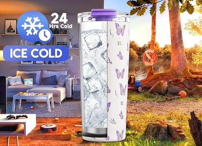 Meoky 24 oz Travel Coffee Mug with Leak-proof Lid, Stainless Steel Insulated Coffee Tumbler, Keeps Hot for 8 Hours or Cold for 24 Hours, Fits in Car Cup Holder (Butterfly)