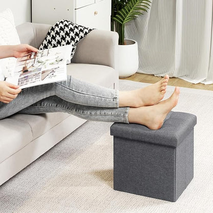 B FSOBEIIALEO Storage Ottoman Cube, Storage Chest Folding Foot Rest Seat, Linen Grey 12.6"X12.6"X12.6" (2 Pack)