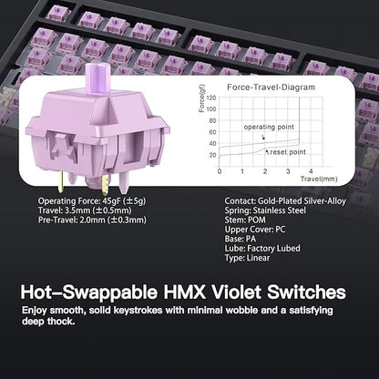 KEEBMONKEY WOBKEY Rainy 75 CNC Aluminum HMX/JWK/Cocoa Switches Triple-Mode Connectivity Mechanical Keyboard with Superior Acoustics, RGB/PP/Gradient Glass/3500mAh/Violet Switch (Standard - Black)