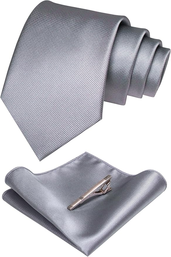 JEMYGINS Solid Color Formal Necktie and Pocket Square Tie Clip Sets for Men