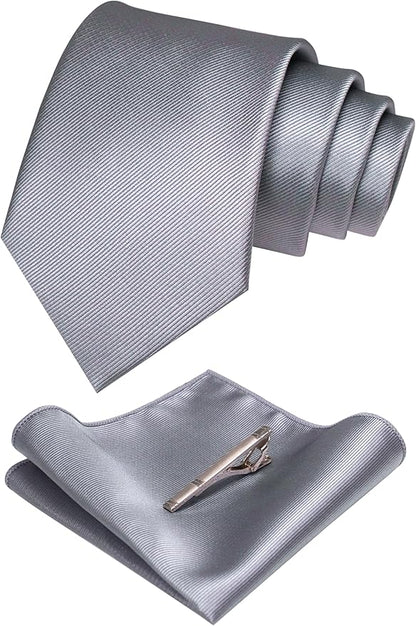JEMYGINS Solid Color Formal Necktie and Pocket Square Tie Clip Sets for Men