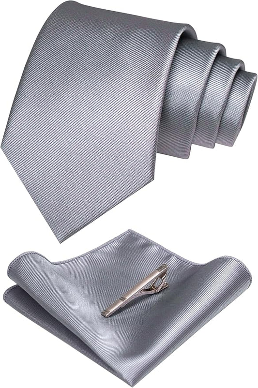 JEMYGINS Solid Color Formal Necktie and Pocket Square Tie Clip Sets for Men