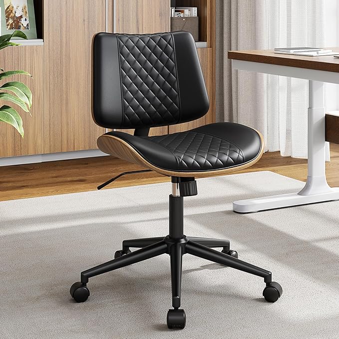 Armless Office Chair, Mid Century Modern Desk Chair with Walnut Wood Back & SGS Level 3 Gas Lift, Swivel PU Leather Computer Chair for Small Space, Home Office, 300lbs Cap, Black Set of 2