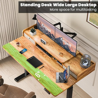Kingant 63 x 30 Inch Standing Desk with Drawers, Adjustable Height Electric Sit Stand Desk with Storage Shelf, Rising Stand Up Computer Desk for Home Office Workstation, 3 Preset Heights