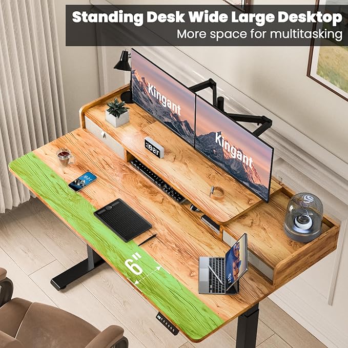 Kingant 55 x 30 Inch Standing Desk with Drawers, Adjustable Height Electric Sit Stand Desk with Storage Shelf, Rising Stand Up Computer Desk for Home Office Workstation, 3 Preset Heights