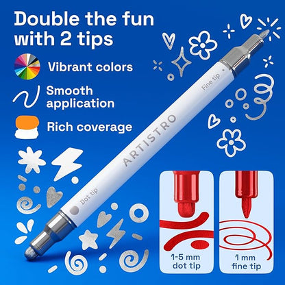 ARTISTRO 24 Metallic Acrylic Paint Markers for Rock, Fabric, Wood, Glass, Decoration - Dual-Tip Paint Pens for Coloring Books for Adults, Teens, Kids - Art and Craft Supplies Kit - Gift Idea