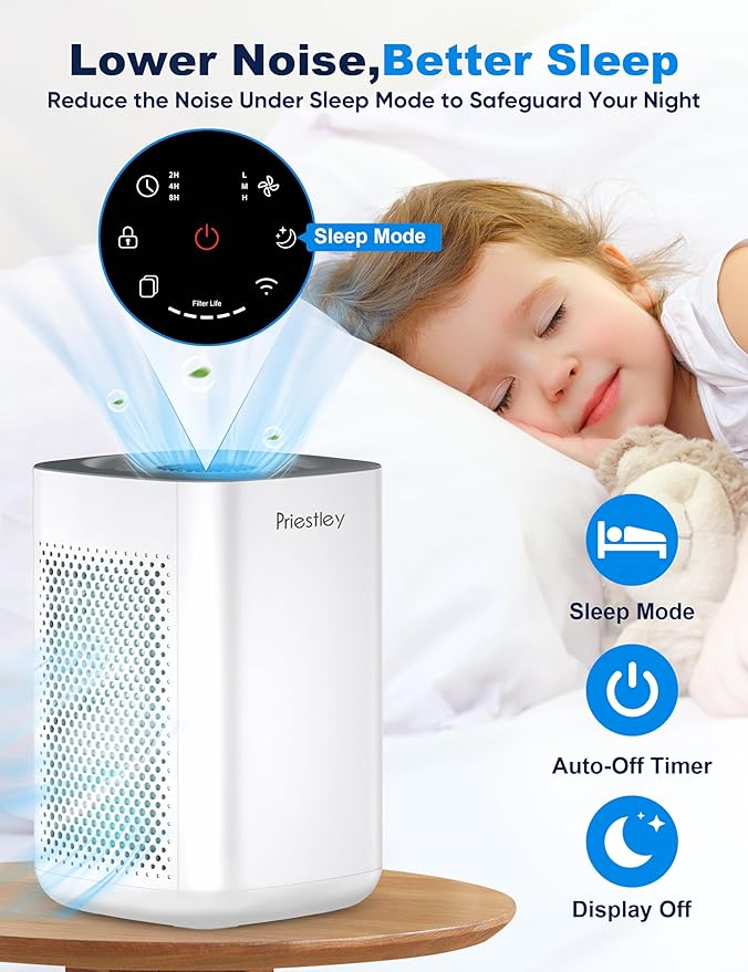 Priestley Air Purifier for Bedroom, Home, Dorm Up to 1100Ft², Smart WiFi Air Purifiers, 3-in-1 Air Filter with HEPA Sleep Mode, Remove Dust Smoke Pollutants Odor Pet Dander