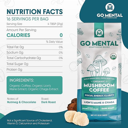 Organic Lion's Mane & Chaga Mushroom Coffee Ground Dark Roast, Full Fruiting Bodies, For Enhanced Brain Function, Immune Support, Wellbeing Grade 1 Single Origin, 12oz - Ground