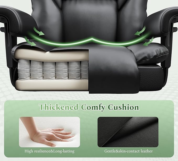 Office Chair with High Back,28.7" Deep Seat,Big and Tall Executive Leather Office Chair with Foot Rest & Arms,Reclining Desk Chair Ergonomic with Lumbar Support for Home Office,Blcak