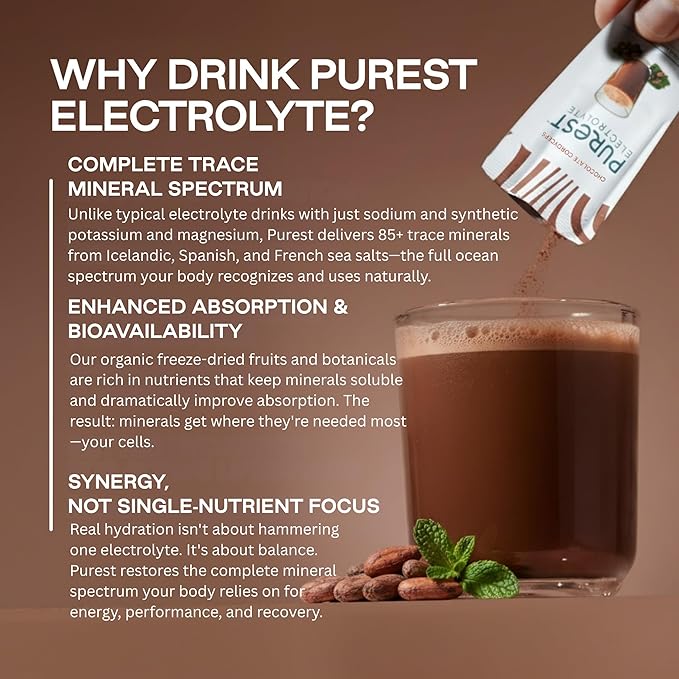 Organic Chocolate Hydration Powder Packets with Solar Sea Salts & Organic Freeze-Dried Fruit for Instant Hydration, No Added Sugar Electrolytes, 26 Packets