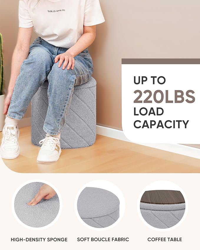 B FSOBEIIALEO Ottoman with Stroage, Boucle Round Storage Ottoman with Tray,Foot Rest Stool for Dorm Room, Living Room Grey, 12.99"x12.99"x13.78"