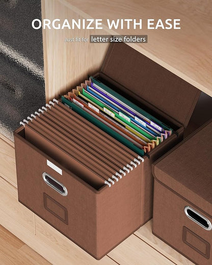 Oterri 2 Pack File Organizer Box,File Box,Small File Cabinet for Letter Folders,Reddish Brown Portable Filing Box,Hanging File Folder Organizer with Lid for Office/Decor/Home- without Folders