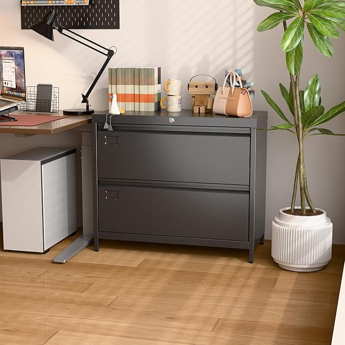 SUXXAN Metal 2 Drawer Lateral File Cabinet with Lock & Adjustable Feet - Wide Filing Cabinet for Letter/Legal/F4/A4 Hanging Files - Includes Business Card Holder,Home Office School Storage,Black