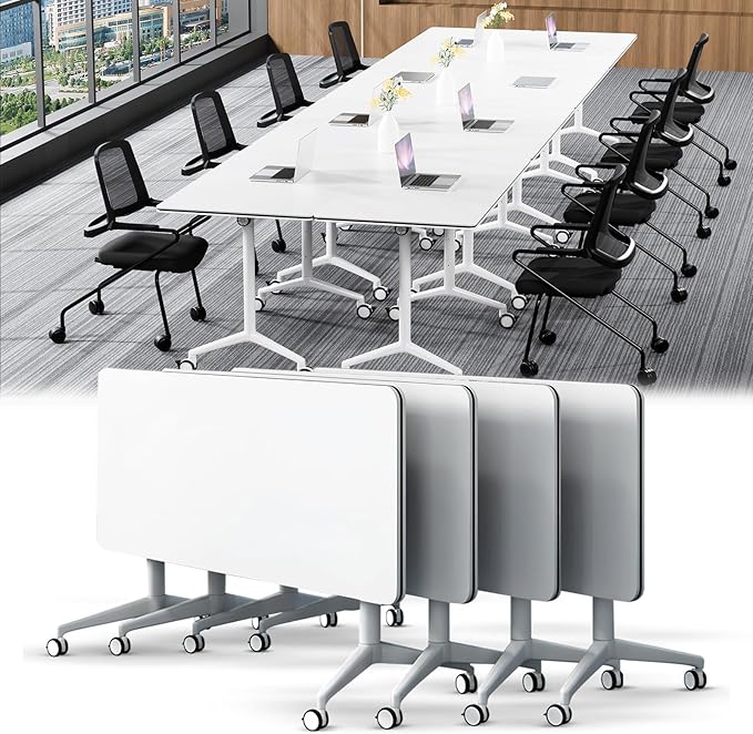 Conference Table,Folding Conference Table with Silent Wheels,Rectangular Business Conference Room Table,for Reception Offices Classrooms Meeting Training Room (4, White, 55.1in)