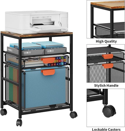 Marbrasse Rolling File Cabinet with Handle, Mobile File Cabinet on Lockable Wheels, Office Filing Cabinet Organizer, Printer Stand with Hanging File Folder Organizer for Home Office - Black
