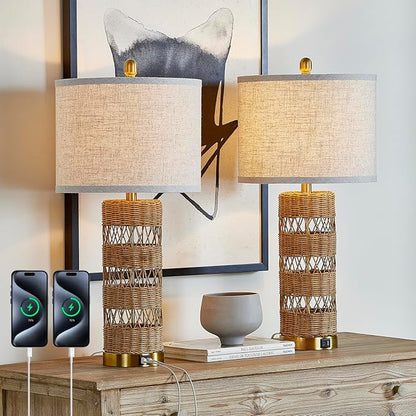 Boho Rattan Stylish & Functional & Versatile Decor USB Table Lamps Set of 2-28" Farmhouse Bedside Lights,Bulbs Included