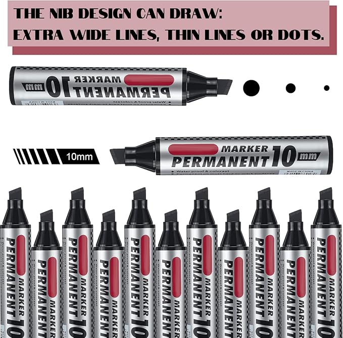 Patelai 150 Pack Jumbo Size Markers Bulk Black 10mm Chisel Tip Large Marker Pens Waterproof Quick Dry Pen for Industrial Art, Work on Metal Wood Plastic Glass