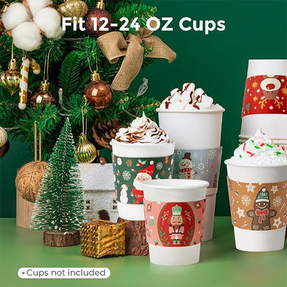 FMP Brands 50 Pack Christmas Paper Coffee Cup Sleeves, Disposable Holiday Coffee Sleeves fit 12oz, 16oz, 20oz, 24oz Disposable Coffee Cups, Hand Protection for Hot and Cold Drinks