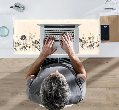 Wildflowers Desk Pad Beige Yellow Gaming Desk Mat, Large Keyboard Mouse Pad XL, Extended Full Laptop Mouse Mat, Office & Home Decor for Women, Desktop Aesthetic Accessories 31.5" x 11.8"