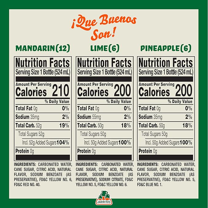 Jarritos - Mexican Soda, 3-Flavor Variety Pack (17.7 oz, 24 Bottles) - 12 Mandarin, 6 Lime, & 6 Pineapple - Real Cane Sugar - Made in Mexico - Natural Flavor Soda Pop - Party & BBQ Beverages