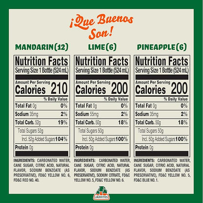 Jarritos - Mexican Soda, 3-Flavor Variety Pack (17.7 oz, 24 Bottles) - 12 Mandarin, 6 Lime, & 6 Pineapple - Real Cane Sugar - Made in Mexico - Natural Flavor Soda Pop - Party & BBQ Beverages