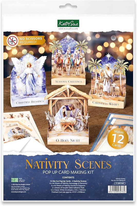 Katy Sue Nativity Scenes Pop Up Christmas Card Making Kit for Adults. Makes 12 Cards & Contains Nativity 3D Die-Cut Decoupage, Supports, Envelopes, Instructions & Foam Pads for Christmas Card Making