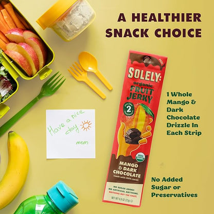 SOLELY - Organic Mango Chocolate Drizzled Fruit Jerky - 1 Individually Wrapped Fruit Strip - Fruit Leather Made from Dried Fruit - Healthy Snacks for Adults & Kids - Vegan - 0.8oz (23g)