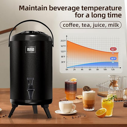 Insulated Beverage Dispenser - Thermal Hot and Cold Tea Dispenser - Stainless Steel 12L/3.2Gal with Spigot for Hot Coffee & Tea, Cold Milk & Juice - Black