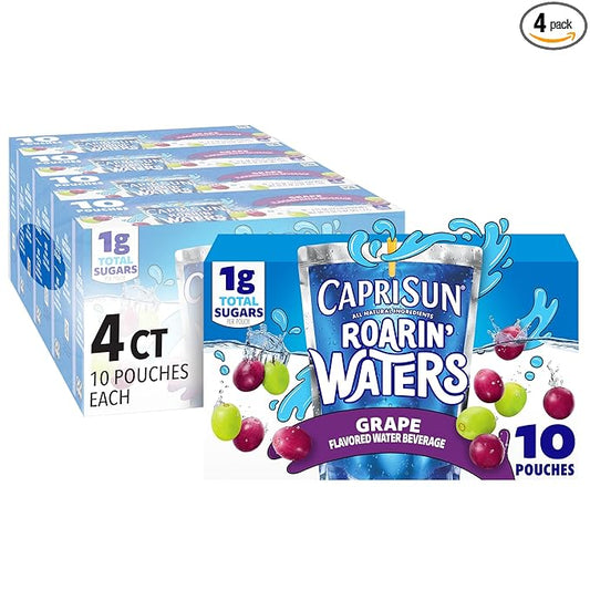Capri Sun Roarin' Waters Grape Flavored with other natural flavors Water Beverage, 40 ct Pack, 4 Boxes of 10 Drink Pouches