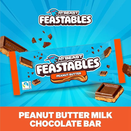 Feastables MrBeast Peanut Butter Milk Chocolate Chocolate Bar, King Size Candy Bar for Adults & Kids, Candy Bars for Snacks, Gifts, & Dessert, Sweet & Creamy Fairtrade Cocoa, 2.1 Oz Each, 10 Count