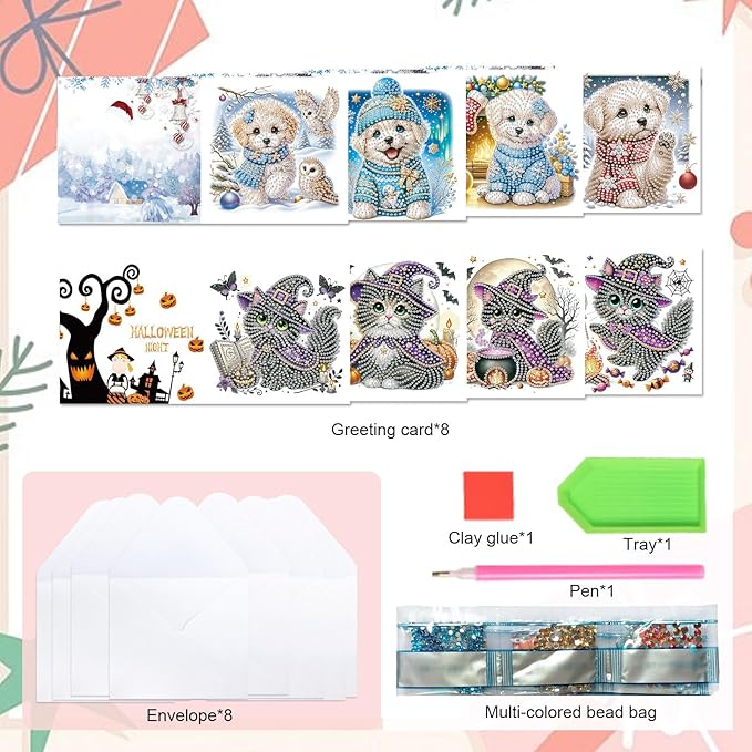 8pcs Diamond Painting Greeting Cards- Christmas Puppy & Halloween Kitten Cards for Blessings and Wishes, Special Shape Crystal Partial, Paper Material, DIY Gifts for Christmas Day Halloween