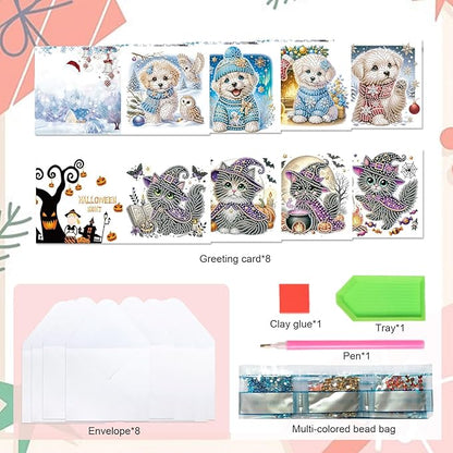 8pcs Diamond Painting Greeting Cards- Christmas Puppy & Halloween Kitten Cards for Blessings and Wishes, Special Shape Crystal Partial, Paper Material, DIY Gifts for Christmas Day Halloween