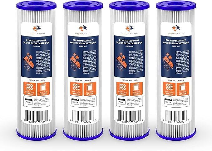 Aquaboon 5 Micron 10x2.5 Whole House Pleated Sediment Filter Cartridge for Well Water Filter Replacement Compatible with WFPFC3002, WHKF-WHPL, 4-Pack