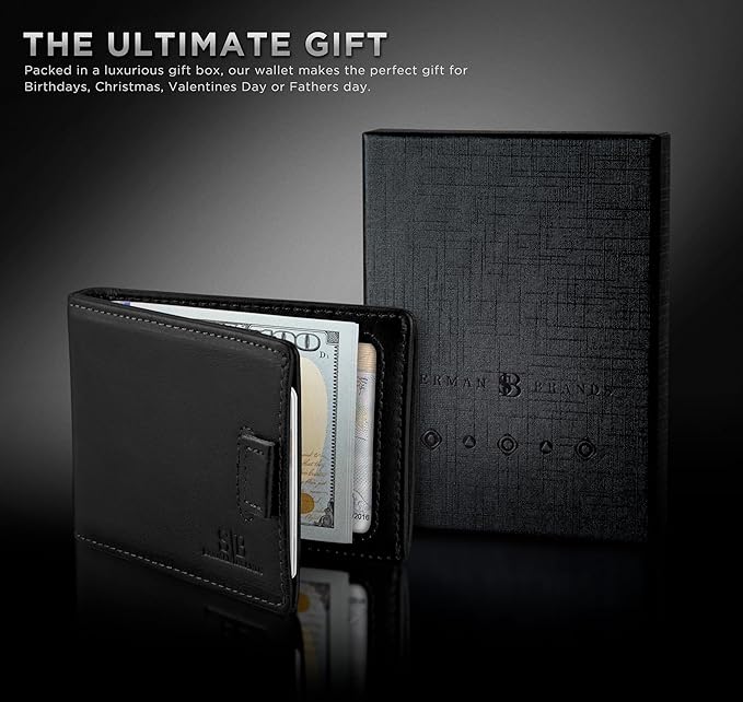 SERMAN BRANDS AirTag Wallet - RFID Blocking Mens Minimalist Money Clip Wallet for Airtag - Full Grain Leather - Slim Bifold. Front Pocket Air tag Wallets for men. Gift