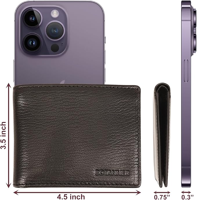 Genuine Leather Mens Bifold Wallet RFID Blocking 5 Credit Card Slots 1 ID Window 2 Sections for Bills 2 Additional Slots | Ink Black