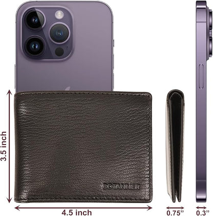 Genuine Leather Mens Bifold Wallet RFID Blocking 5 Credit Card Slots 1 ID Window 2 Sections for Bills 2 Additional Slots | Ink Black