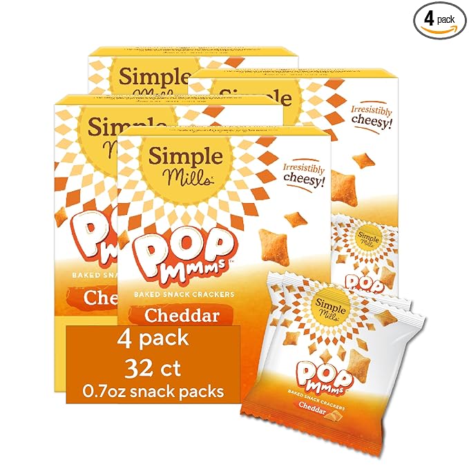 Simple Mills Pop Mmms Cheddar Baked Snack Pack Crackers, Healthy Halloween Snacks for Kids, Individual Packs, Gluten Free, 8 Ct (Pack of 4)