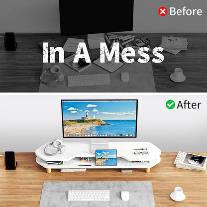 2 Tier White Dual Monitor Stand Riser,Wider Board Computer Monitor Stand for 2 Monitors,Slot For Phone/Tablet Office Desktop Organizer for Laptop,PC,Computer,Printer,White