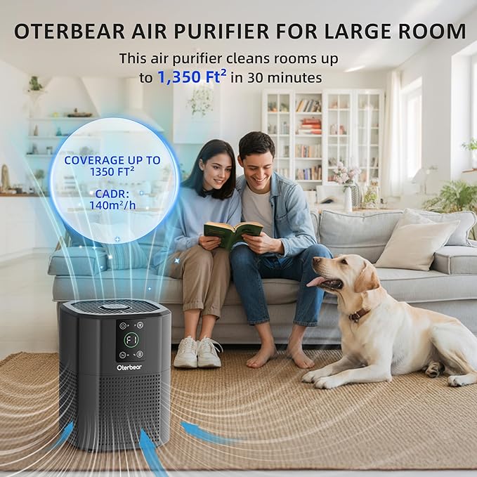 Air Purifiers for Bedroom Home Up to 1350 Ft², Oterbear Room Air Cleaner with H13 True HEPA Filter with Sleep Mode, Aroma Function, Ambient Light, Remove Dander Smoke Pollen Odor, Black