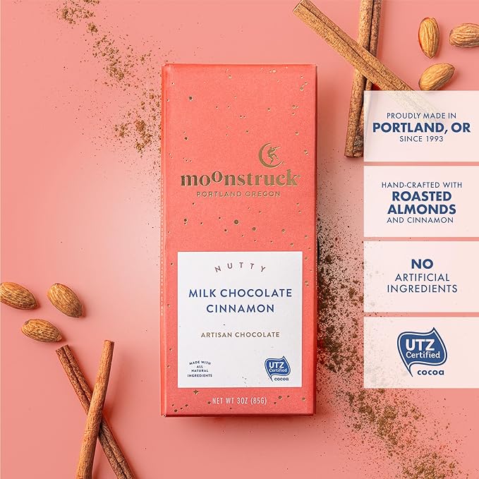 Moonstruck Chocolate Milk Chocolate Bar with Cinnamon Vanilla and Almond, 31% Cacao, 3.0oz (Pack of 1)