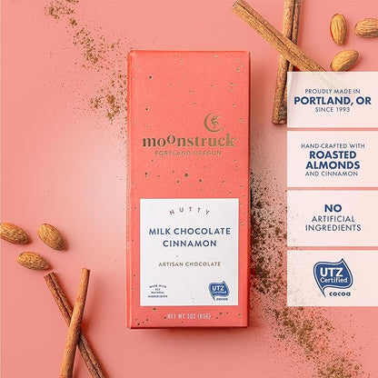 Moonstruck Chocolate Milk Chocolate Bar with Cinnamon Vanilla and Almond, 31% Cacao, 3.0oz (Pack of 1)