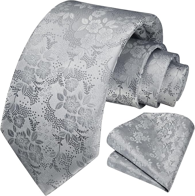 HISDERN Men Floral Ties Woven Classic 3.4" Necktie Set Formal Tie Pocket Square for Wedding with Handkerchief Gift Box