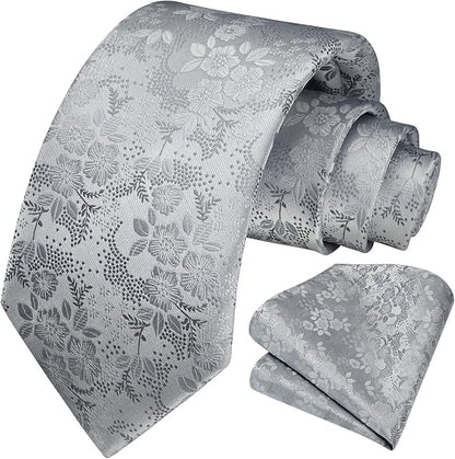 HISDERN Men Floral Ties Woven Classic 3.4" Necktie Set Formal Tie Pocket Square for Wedding with Handkerchief Gift Box
